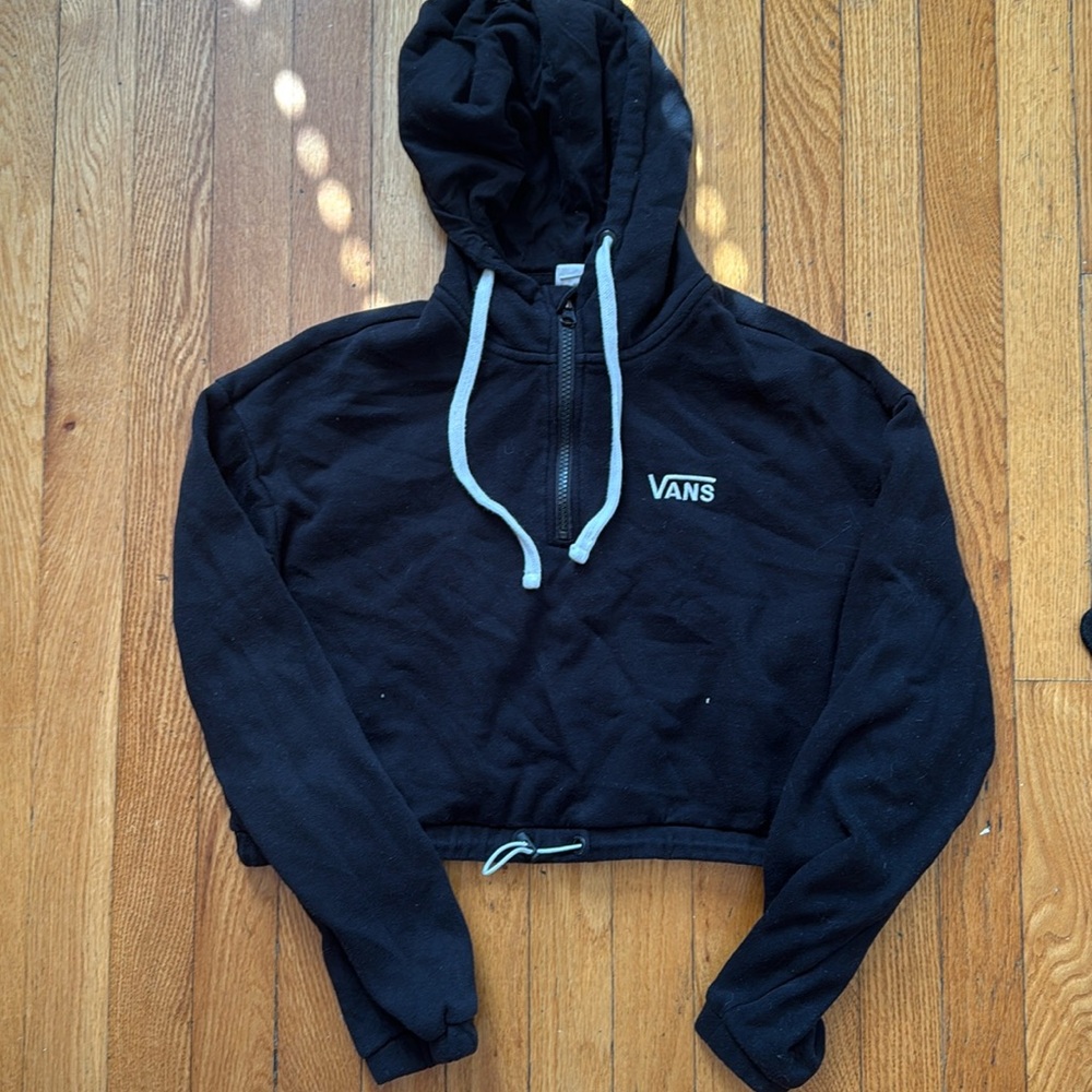 Vans xs black somewhat cropped hoodie with drawstring waist. New